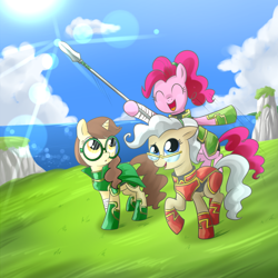 Size: 1200x1200 | Tagged: safe, artist:madmax, imported from derpibooru, mayor mare, pinkie pie, oc, oc:madmax, earth pony, pony, unicorn, armor, crossover, female, fire emblem, glasses, lens flare, mare, pony emblem, spear, weapon