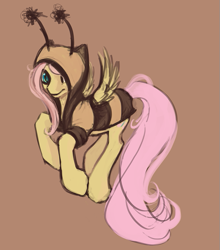 Size: 541x616 | Tagged: safe, artist:noel, imported from derpibooru, fluttershy, bee, pegasus, pony, animal costume, bee costume, brown background, clothes, costume, female, flutterbee, hilarious in hindsight, mare, simple background, solo