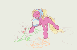 Size: 1037x671 | Tagged: safe, artist:noel, imported from derpibooru, lily, lily valley, earth pony, pony, clothes, eyes closed, female, flower, mare, mouth hold, scarf, solo, watering can