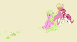 Size: 1109x602 | Tagged: safe, artist:noel, imported from derpibooru, daisy, flower wishes, lily, lily valley, roseluck, earth pony, pony, rabbit, backing away, colored pupils, female, flower trio, hug, mare, the horror