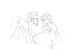 Size: 900x582 | Tagged: safe, artist:noel, imported from derpibooru, nurse redheart, snails, earth pony, pony, unicorn, bandaid, bed, colt, duo, female, hospital bed, male, mare, monochrome, mouth hold, no pupils