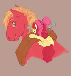 Size: 660x706 | Tagged: safe, artist:noel, imported from derpibooru, apple bloom, big macintosh, earth pony, pony, apple bloom riding big macintosh, brother and sister, female, filly, male, piggyback ride, ponies riding ponies, riding, size difference, smiling, stallion