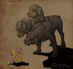 Size: 778x735 | Tagged: safe, artist:noel, artist:pooryorick, imported from derpibooru, cerberus (character), fluttershy, cerberus, pegasus, pony, duo, eye contact, female, mare, monster, multiple heads, size difference, three heads