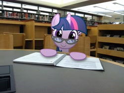 Size: 2592x1936 | Tagged: safe, artist:shadyhorseman, imported from derpibooru, twilight sparkle, pony, unicorn, bookshelf, female, glasses, irl, library, looking at you, mare, notebook, photo, ponies in real life, smiling, solo, table, unicorn twilight, vector