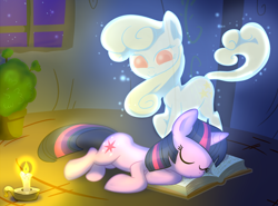 Size: 1490x1104 | Tagged: safe, artist:madmax, imported from derpibooru, twilight sparkle, oc, oc:yellowstar, ghost, ghost pony, pony, unicorn, fanfic:the star in yellow, book, candle, duo, duo female, fanfic art, female, mare, night, sleeping, unicorn twilight