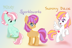 Size: 900x600 | Tagged: safe, artist:capcomwarrior, imported from derpibooru, minty, sparkleworks, sunny daze (g3), earth pony, pegasus, pony, unicorn, female, g3, g3 to g4, g4, generation leap, gradient background, mare