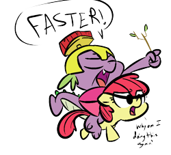 Size: 770x700 | Tagged: safe, artist:tess, imported from derpibooru, apple bloom, spike, dragon, earth pony, pony, colored, confused, dragons riding ponies, duo, female, filly, floppy ears, male, riding, simple background, spike riding apple bloom, transparent background