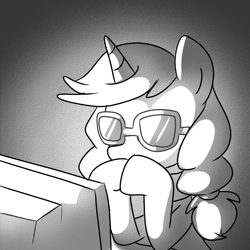 Size: 1000x1000 | Tagged: safe, artist:madmax, imported from derpibooru, oc, oc only, oc:madmax, pony, unicorn, female, gendo pose, glasses, mare, monitor, monochrome, neon genesis evangelion, solo