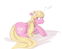 Size: 464x363 | Tagged: safe, artist:noel, imported from derpibooru, lily, lily valley, earth pony, pony, ask the flower girls, ask, female, floppy ears, looking back, mare, no pupils, prone, solo, tumblr