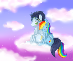 Size: 2400x2000 | Tagged: safe, artist:sweetscribblez, imported from derpibooru, rainbow dash, soarin', pegasus, pony, blushing, cloud, colored pupils, cuddling, cute, eyes closed, female, goggles, high res, male, mare, shipping, sitting, smiling, snuggling, soarindash, stallion, straight