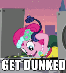 Size: 366x406 | Tagged: safe, edit, edited screencap, imported from derpibooru, screencap, dj pon-3, pinkie pie, vinyl scratch, earth pony, pony, unicorn, a canterlot wedding, season 2, animated, bipedal, bridesmaid dress, clothes, dress, duo, duo female, female, gif, headphones, image macro, mouth hold, record, turntable
