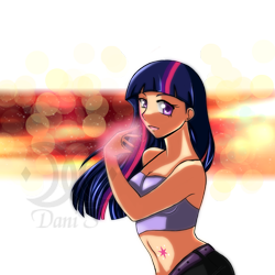 Size: 900x900 | Tagged: safe, artist:turtlesea, imported from derpibooru, twilight sparkle, human, abstract background, belly button, female, humanized, midriff, solo