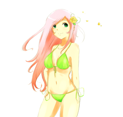 Size: 2734x2605 | Tagged: safe, artist:derpiihooves, imported from derpibooru, fluttershy, human, belly button, bikini, breasts, busty fluttershy, clothes, faith summers, female, flower, flower in hair, green swimsuit, hand on hip, high res, humanized, side-tie bikini, simple background, solo, starswirl academy, swimsuit, white background