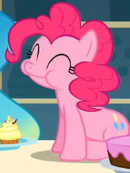 Size: 300x400 | Tagged: safe, imported from derpibooru, screencap, pinkie pie, princess celestia, alicorn, earth pony, pony, a bird in the hoof, season 1, cake, cropped, cupcake, cute, diapinkes, eyes closed, female, food, mare, puffy cheeks, sitting, solo focus
