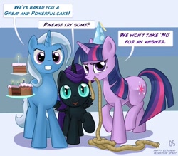 Size: 1100x962 | Tagged: safe, artist:gsphere, imported from derpibooru, trixie, twilight sparkle, oc, oc:nyx, alicorn, pony, unicorn, fanfic:past sins, alicorn oc, cake, candle, dialogue, female, filly, happy birthday, hat, looking at you, mare, mouth hold, party hat, rope, trio
