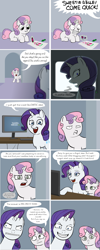 Size: 1620x4068 | Tagged: safe, artist:lemondevil, imported from derpibooru, rarity, sweetie belle, pony, unicorn, ask, biporarity, broken, comic, computer, crayons, derp, duo, duo female, female, filly, grin, gritted teeth, mare, smiling