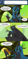 Size: 850x1820 | Tagged: safe, artist:tarajenkins, imported from derpibooru, queen chrysalis, oc, oc:squish, changeling, changeling queen, cupidite, comic, duo, female, male, micro, punishment, squish