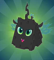 Size: 1000x1100 | Tagged: safe, artist:hoppip, imported from derpibooru, queen chrysalis, abstract background, adorawat, cheese, cheeseling, cute, cutealis, disguise, disguised changeling, fangs, female, glare, horn, looking at you, open mouth, queen swissalis, smiling, solo, sunburst background, wat, wings