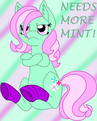 Size: 900x1117 | Tagged: artist needed, safe, imported from derpibooru, minty, earth pony, pony, abstract background, clothes, crossed hooves, female, frown, g3, g3 to g4, g4, generation leap, mare, sitting, socks, solo, striped socks, unamused