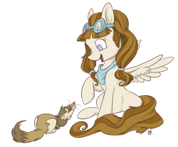 Size: 1359x1124 | Tagged: safe, artist:pashapup, imported from derpibooru, oc, oc only, oc:tech, ferret, pegasus, pony, bandana, female, goggles, mare, no pupils, raised hoof, simple background, sitting, smiling, solo, transparent background