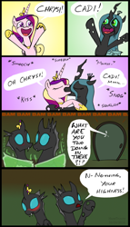 Size: 500x872 | Tagged: safe, artist:haretrinity, imported from derpibooru, princess cadance, queen chrysalis, alicorn, changeling, changeling queen, pony, blushing, cadalis, caught, comic, disguise, disguised changeling, door, female, kiss on the lips, kissing, lesbian, making out, male, mare, roleplaying, shapeshifting, shipping, straight, transformation