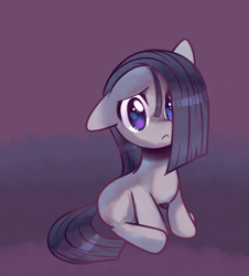 Size: 564x624 | Tagged: safe, artist:pekou, imported from derpibooru, marble pie, earth pony, pony, cute, female, frown, gradient background, marblebetes, mare, sitting, solo