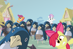 Size: 664x447 | Tagged: safe, imported from derpibooru, apple bloom, scootaloo, sweetie belle, earth pony, pegasus, pony, unicorn, crossover, cutie mark crusaders, disgaea, female, filly, ponyville, prinny