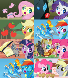 Size: 1000x1148 | Tagged: safe, imported from derpibooru, applejack, blaze, derpy hooves, fire streak, fluttershy, misty fly, pinkie pie, rainbow dash, rarity, silver lining, silver zoom, smarty pants, soarin', spitfire, twilight sparkle, earth pony, parasprite, pegasus, pony, unicorn, applejack's hat, book, clothes, cowboy hat, derp, female, gem, goggles, golden ticket, hat, male, mane six, mare, muffin, open mouth, rainbow derp, smiling, stallion, stetson, tree, underp, uniform, wat, wonderbolts, wonderbolts uniform, wrong eye color