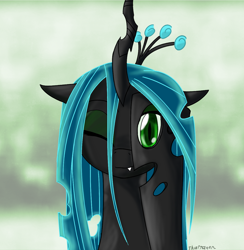 Size: 1172x1200 | Tagged: safe, artist:thattagen, imported from derpibooru, queen chrysalis, changeling, changeling queen, abstract background, cheeselegs, cute, cutealis, fangs, female, i see what you did there, looking at you, one eye closed, peekaboo, signature, smiling, solo, wink