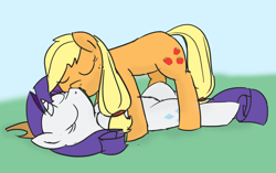 Size: 1500x940 | Tagged: safe, artist:atrolux, deleted from derpibooru, imported from derpibooru, applejack, rarity, earth pony, pony, unicorn, female, kissing, lesbian, mare, on back, rarijack, shipping