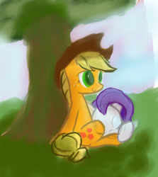 Size: 1536x1720 | Tagged: safe, artist:nightcider, imported from derpibooru, applejack, rarity, earth pony, pony, unicorn, female, lesbian, mare, prone, rarijack, shipping, sitting, smiling, tree