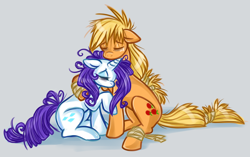 Size: 1450x908 | Tagged: safe, artist:noth-chan, imported from derpibooru, applejack, rarity, earth pony, pony, unicorn, bandage, comforting, dark circles, eyes closed, female, floppy ears, hug, lesbian, mare, messy mane, rarijack, sad, shipping, sitting