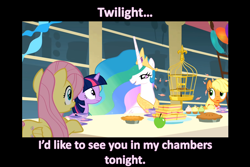 Size: 1603x1071 | Tagged: safe, imported from derpibooru, applejack, fluttershy, princess celestia, twilight sparkle, alicorn, earth pony, pegasus, pony, unicorn, princess molestia, bedroom eyes, bird cage, caption, female, food, frown, implied shipping, mare, open mouth, princess, smiling, wide eyes