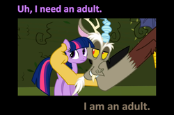 Size: 1611x1071 | Tagged: safe, edit, edited screencap, imported from derpibooru, screencap, discord, twilight sparkle, pony, unicorn, bedroom eyes, caption, female, i am an adult, i need an adult, male, mare, rapeface