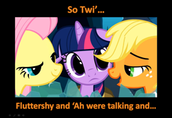 Size: 1577x1078 | Tagged: safe, edit, edited screencap, imported from derpibooru, screencap, applejack, fluttershy, twilight sparkle, earth pony, pegasus, pony, unicorn, appleshy, appletwishy, bedroom eyes, caption, female, lesbian, mare, shipping, twijack