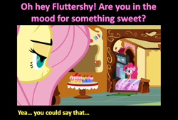 Size: 1585x1073 | Tagged: safe, edit, edited screencap, imported from derpibooru, screencap, fluttershy, pinkie pie, earth pony, pegasus, pony, bedroom eyes, caption, female, flutterpie, lesbian, mare, pink text, shipping, sugarcube corner