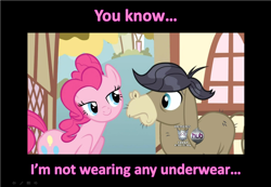 Size: 1556x1076 | Tagged: safe, edit, edited screencap, imported from derpibooru, screencap, cranky doodle donkey, pinkie pie, donkey, earth pony, pony, a friend in deed, season 2, bedroom eyes, clothes, female, flirting, hub logo, male, mare, ponyville, seduction, seductive, underwear, we don't normally wear clothes