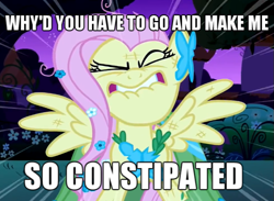 Size: 655x480 | Tagged: safe, edit, edited screencap, imported from derpibooru, screencap, fluttershy, pegasus, pony, the best night ever, caption, constipated, eyes closed, female, flutterrage, image macro, lip bite, mare, solo, song reference, weird al yankovic