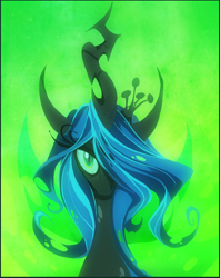 Size: 900x1139 | Tagged: safe, artist:oneeyedrobot, imported from derpibooru, queen chrysalis, changeling, changeling queen, bust, crown, female, hair over one eye, jewelry, looking at you, portrait, regalia, solo