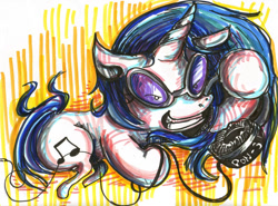 Size: 800x593 | Tagged: safe, artist:hayhedgehoghay, imported from derpibooru, dj pon-3, vinyl scratch, pony, unicorn, female, grin, headphones, mare, prone, smiling, solo