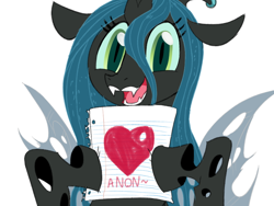 Size: 800x600 | Tagged: safe, artist:sunibee, imported from derpibooru, queen chrysalis, changeling, changeling queen, bronybait, cute, cutealis, dexterous hooves, female, heart, looking at you, paper, simple background, smiling, solo, white background