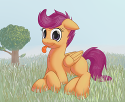 Size: 1474x1200 | Tagged: safe, artist:lurarin, imported from derpibooru, scootaloo, pegasus, pony, female, filly, floppy ears, grass, prone, smiling, solo, tongue out