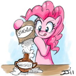 Size: 700x700 | Tagged: safe, artist:johnjoseco, imported from derpibooru, pinkie pie, earth pony, pony, alcohol, bipedal, eyes on the prize, female, gradient background, mare, solo, sugar (food), tongue out, whiskey
