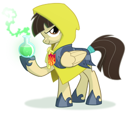 Size: 2100x1900 | Tagged: safe, artist:equestria-prevails, imported from derpibooru, wild fire, pegasus, pony, alchemist, alchemy, armor, badge, female, flask, game of thrones, hood, mare, profile, pun, simple background, smiling, smirk, solo, transparent background