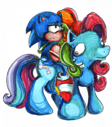 Size: 600x679 | Tagged: dead source, safe, artist:hayhedgehoghay, imported from derpibooru, rainbow dash, pony, crossover, derp, duo, female, g3.5, mare, riding, sonic riding rainbow dash, sonic the hedgehog, sonic the hedgehog (series)