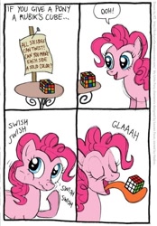 Size: 500x720 | Tagged: safe, artist:kturtle, imported from derpibooru, pinkie pie, earth pony, pony, comic, female, hilarious in hindsight, mare, pinkie being pinkie, rubik's cube, solo, tongue out