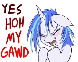 Size: 720x576 | Tagged: safe, artist:swaetshrit, deleted from derpibooru, imported from derpibooru, dj pon-3, vinyl scratch, pony, unicorn, blushing, excited, eyes closed, female, floppy ears, mare, scary monsters and nice sprites, solo, yes