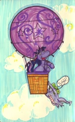 Size: 677x1106 | Tagged: safe, artist:hayhedgehoghay, imported from derpibooru, spike, twilight sparkle, dragon, pony, unicorn, balloon, cloud, duo, female, hanging, hot air balloon, male, mare, sky, traditional art, twinkling balloon
