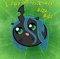 Size: 1200x1164 | Tagged: safe, artist:willdrawforfood1, imported from derpibooru, queen chrysalis, changeling, changeling queen, :3, blob, chubbie, cute, cutealis, dialogue, fangs, female, frown, looking at you, open mouth, smiling, solo, weapons-grade cute
