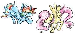 Size: 1406x640 | Tagged: safe, artist:hayhedgehoghay, imported from derpibooru, fluttershy, rainbow dash, pegasus, pony, duo, duo female, female, flying, grin, looking down, mare, no pupils, simple background, smiling, transparent background